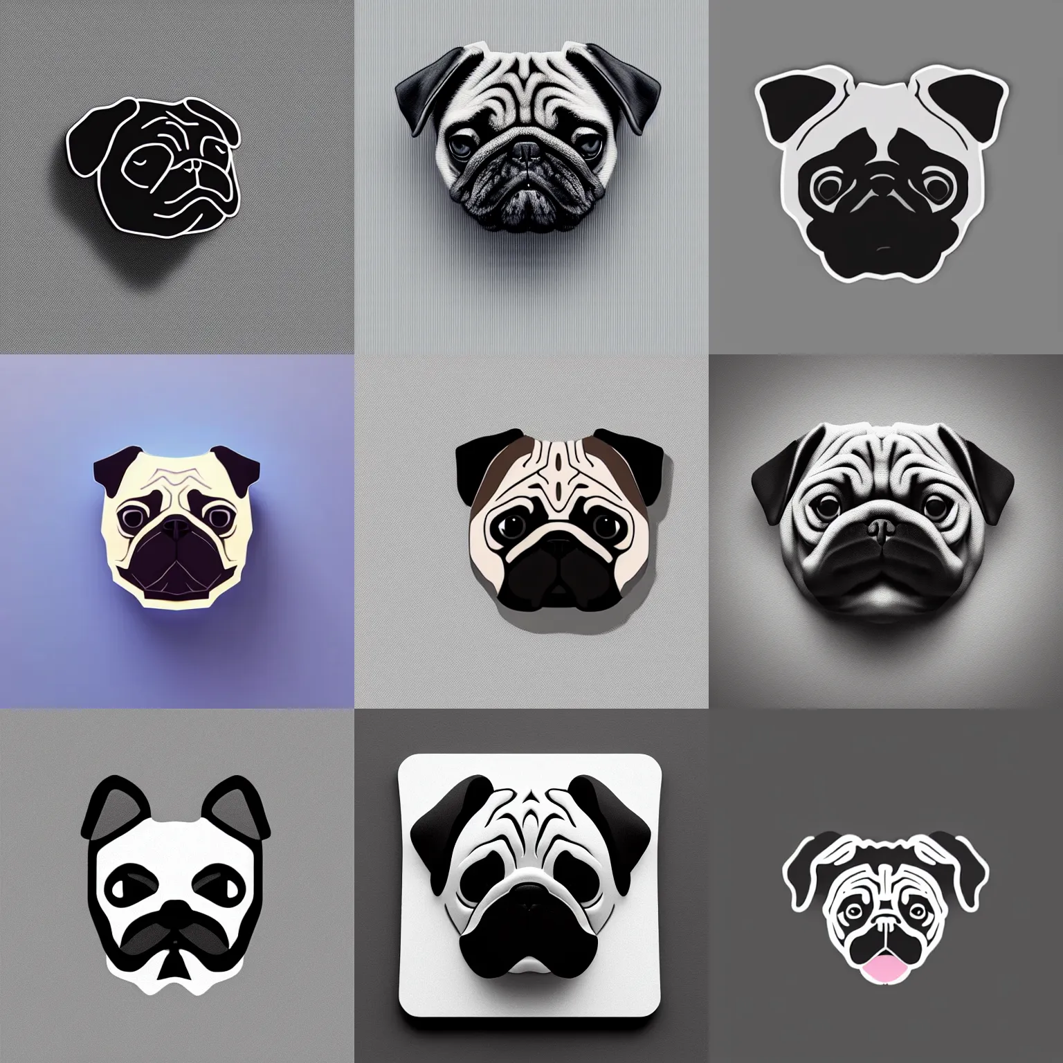 Prompt: Matte 3d icon of a pug head, isometric perspective on pure white background, 3D render, lat lighting