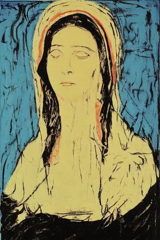 Image similar to virgin mary of lourdes painted by cy twombly and andy warhol