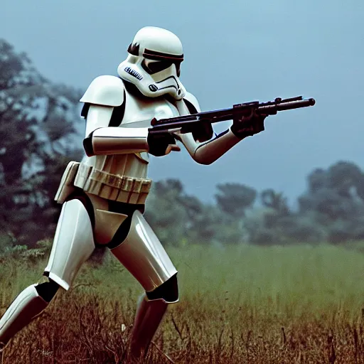 Image similar to star wars clone troopers combat soldiers in vietnam, photo, old picture, lush landscape, field, firearms, explosions, x wings, aerial combat, active battle zone, flamethrower, air support, jedi, land mines, gunfire, violent, star destroyers, star wars lasers, sci - fi, jetpacks, agent orange, bomber planes, smoke, trench warfare