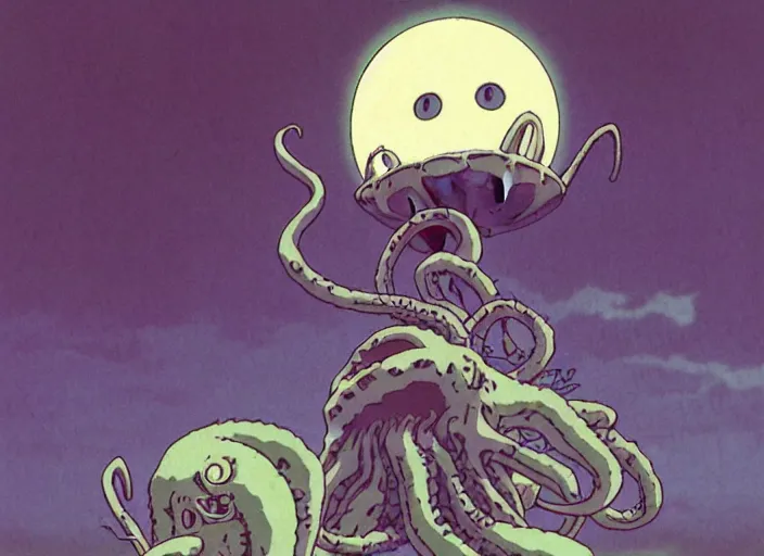 Image similar to a still from a studio ghibli movie of a cartoon cthulhu from princess mononoke ( 1 9 9 7 ), in front of a pale full moon, full body, wide shot, very dull muted colors, studio ghibli, highly detailed, deviantart, art by artgem