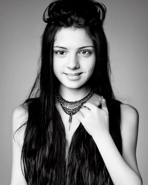 Image similar to a portrait of a beautiful Young female with long disheveled black hair, beautiful and smiling, sweet looks, white skin and reflective eyes, black tank top, black leather shiny jeans, an ankh necklace white colors in the background, by David Lazar and Annie Leibovitz 500px photos, top cinematic lighting , cinematic mood, very detailed, shot in canon 50mm f/1.2