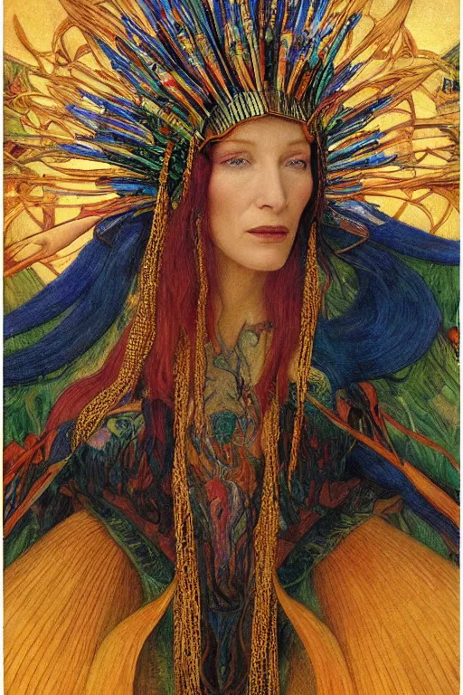 Image similar to cate blanchett , by jean delville and Gaston Bussière and Tino Rodriguez and Diego Rivera , elaborate headdress and embroidered velvet, iridescent beetles, rich color, dramatic cinematic lighting, extremely detailed