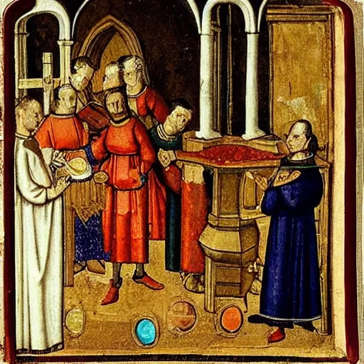 Image similar to 1 5 th century painting of people taking vitamin capsules in the church