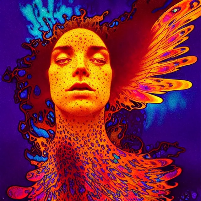 Image similar to psychedelic transcendent freckled sunburnt face mind bending psychedelic wings of glossy liquid honey flowing like kaleidoscopic translucent indigo, lsd feathers, honey wind, enlightenment, high contrast dappled lighting, refracted sunset, highly detailed, concept art, art by collier, albert aublet, krenz cushart, artem demura, alphonse mucha