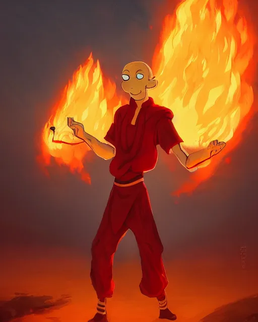 Image similar to squidward wearing fire nation clothing and practicing firebending outside at susnset, [ greg rutkowski ]