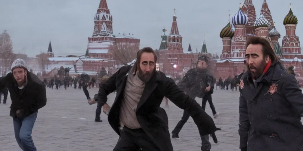 Image similar to nicolas cage as freddy krueger chasing lora palmer on the red square in moscow. cinematic trailer high resolution