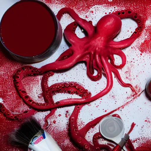 Image similar to a clean studio photography set, there is a bucket of red paint and it has just viciously exploded, there is paint EVERYWHERE, even on the octopus