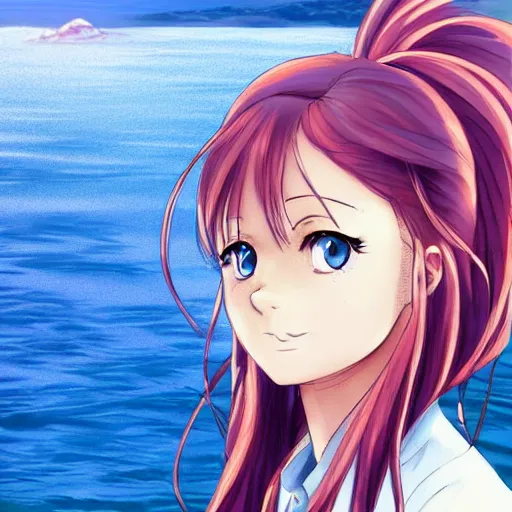 Image similar to one anime girl looking like amy adams, standing on a pier, blue shiny eyes, looking at the camera, cute, the ocean as background at twilight, big moon above the water, colorful, magical, smooth, extremely detailed, devianArt