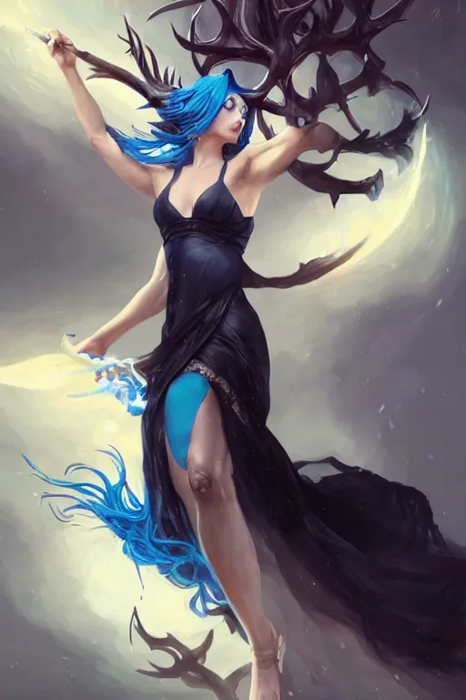 Image similar to fullbody!! dynamic action pose, beautiful woman with blue hair, antlers on her head, long flowing intricate black dress, dnd, face, fantasy, intricate, elegant, highly detailed, digital painting, artstation, concept art, smooth, sharp focus, illustration, art by artgerm and greg rutkowski and alphonse mucha