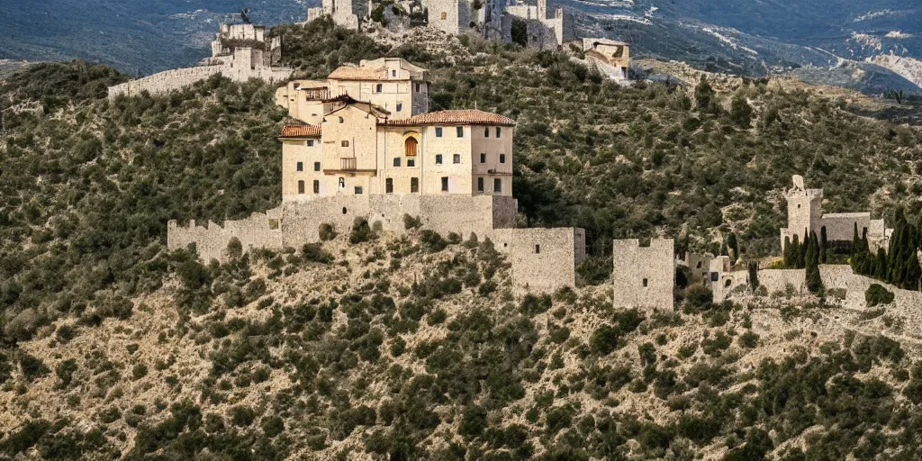 Prompt: an italian castle high on a mountain, sunny day, olive grove, high detail, 8 k, award winning, behance, by lorenzo lanfranconi