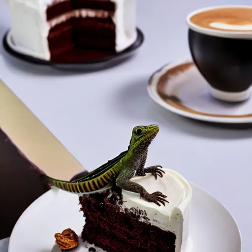 Image similar to lizard eating a cinematic dramatic lights movie shot of ultra realistic photo of a cup full of sweet goloso pasticceria chocolate ice cream cake with a coffee - praline twist cream bigne in with rich details in luxury cup and plates