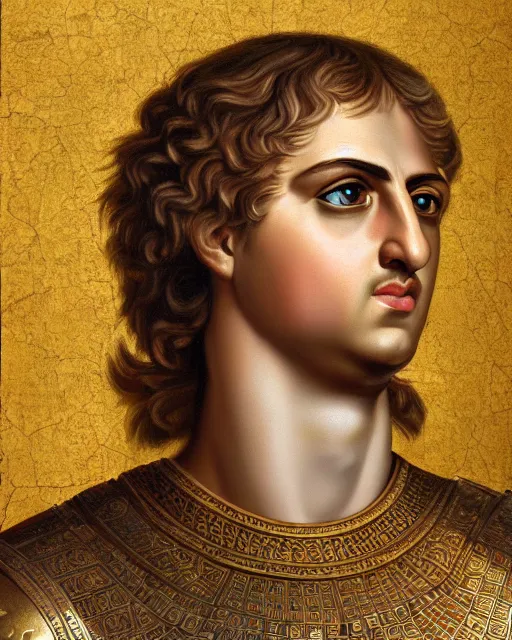 Image similar to oil painting portrait of alexander the great, high production value, intricate details, high resolution, hdr, high definition, masterpiece, realistic, ultrarealistic, highly detailed, hd, sharp focus, non blurry, sharp, smooth