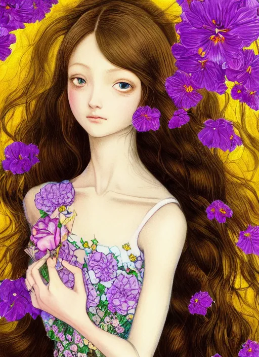 Image similar to elf girl wearing an flower suit, soft hair. light color palate, purple, yellow and white. detailed soft painting, ayami kojima, made in abyss, anatomically correct, ilya kuvshinov, inspired in balthus, high detailed face anime, vogue magazine, glorious composition, mobile wallpaper, mona lisa