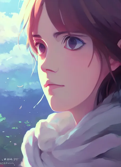 Image similar to portrait of a emma watson, cloudy sky background lush landscape illustration concept art anime key visual trending pixiv fanbox by wlop and greg rutkowski and makoto shinkai and studio ghibli