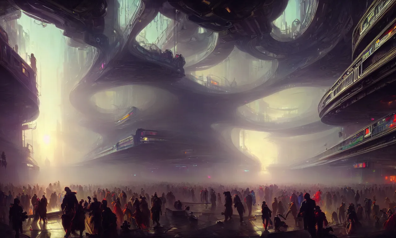 Prompt: beautiful photo of the inside of futuristic cyberpunk city, by franz xaver winterhalter, crowds of people, ultra detailed, bright, morning fog, photorealism, cinematic lighting, volumetric lighting