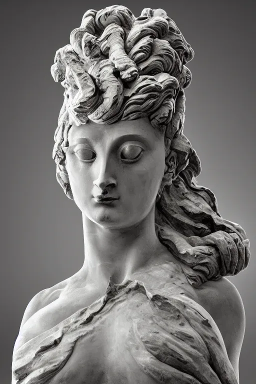 Image similar to epic view of mnemosine goddess statue sculpted in volcanic rock with silver stripes, made by antonio corradini and bernini, ultrarealistic, detailed, 8 k