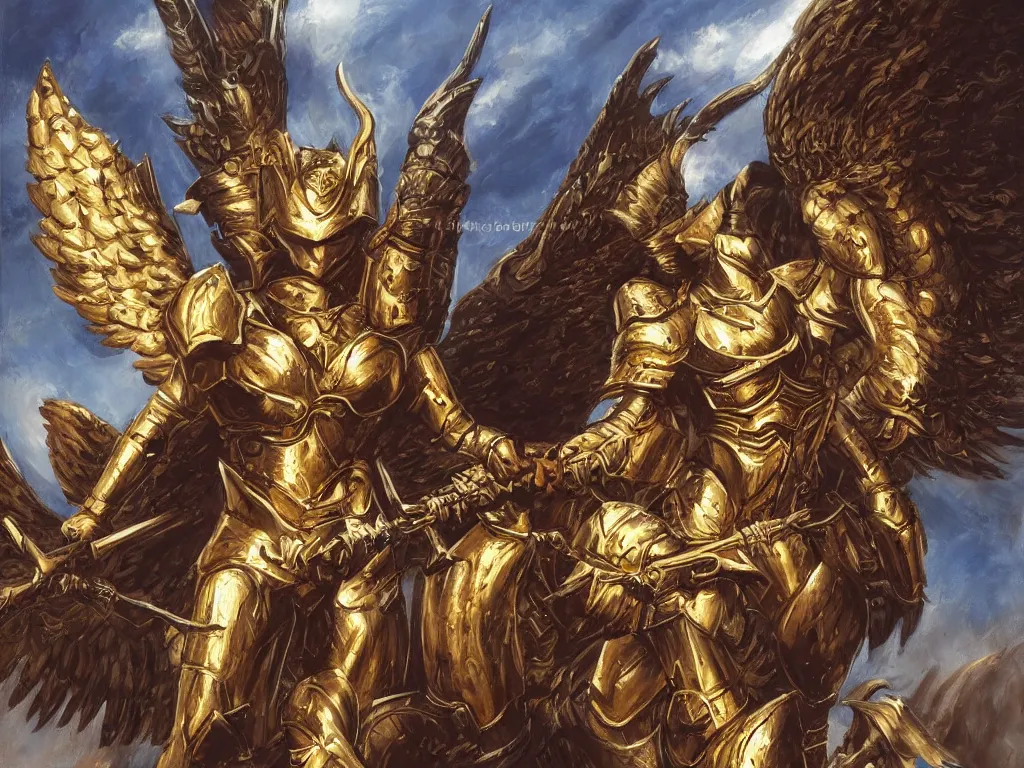 Image similar to valkyrie with golden armor on white pegasus, epic scene, painting in the style of brom, highly detailed
