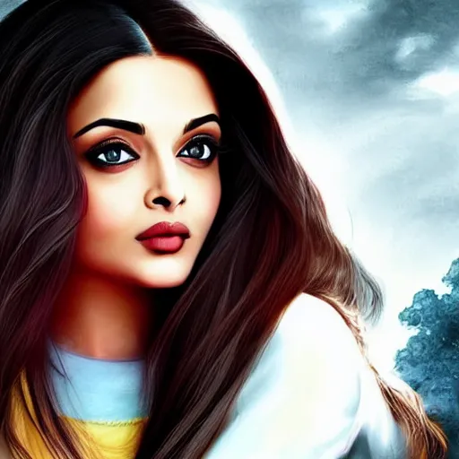 Prompt: portait aishwarya rai bachchan, centred, sadness look, long hair, hd, unreal engine, art painting, final fantasy style, amazing background theme