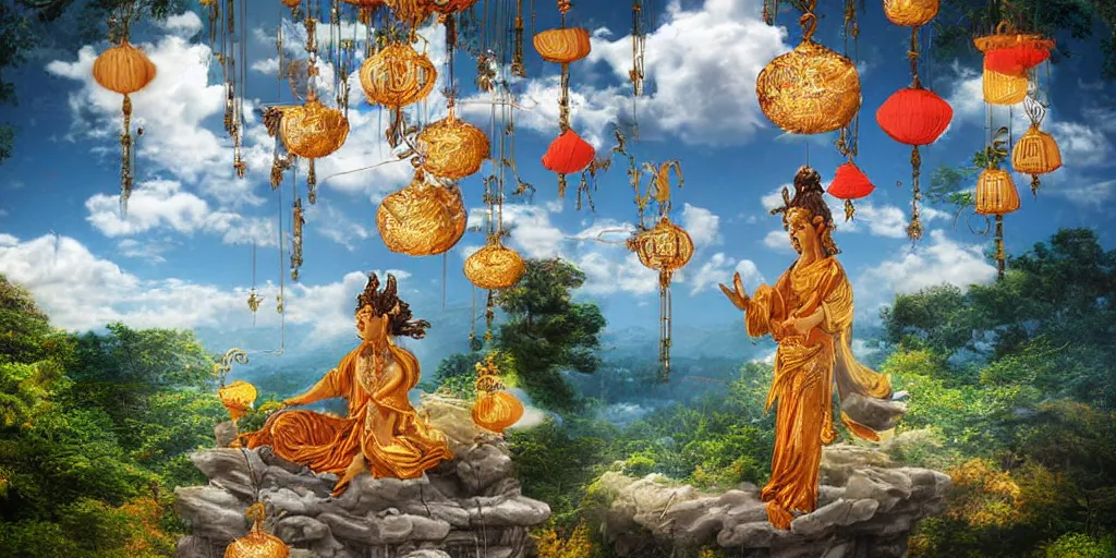 Image similar to wind deity enjoying the view from his stone heavenly palace, decorated with windchimes and paper lanterns, stunning nature and clouds in background, digital art, detailed