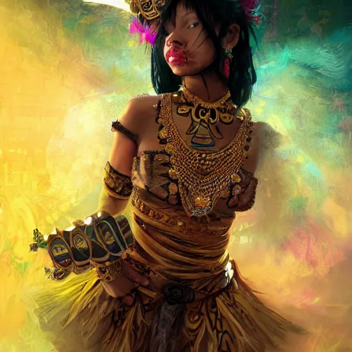 Image similar to the portrait, masked beautiful black aztec female violinist, exotic costumes, gold jewelry, black hair ， illustration by wenjun lin, irakli nadar, bright colors, octopath traveler, wenjun lin, unreal engine 5 highly rendered, global illumination, radiant light, detailed and intricate environment