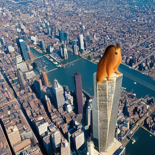 Image similar to An oversized capybara in a crown towering over miniature New York city. Aerial shot