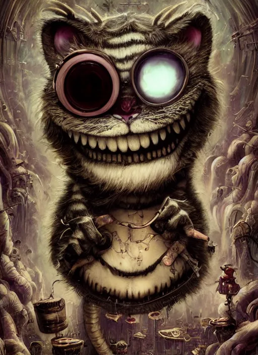 Prompt: cheshire cat, angry, scary, cheeky, steampunk googles, highly detailed, cinematic, 8 k, by megan duncanson, benjamin lacombe, stanley artgermm, tom bagshaw, craig mullins, carne griffiths, ayami kojima, beksinski, giger, trending on deviantart, hyper detailed, horror, full of colour