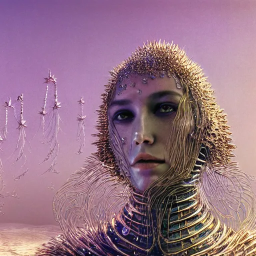 Image similar to Woman, spiky crystals, wide shot, shiny, flat background, glowing, wires everywhere, by Edgar Maxence and Ross Tran, Zdzisław Beksiński, and Michael Whelan, distant, gustav dore, H.R. Giger, 8k, octane render