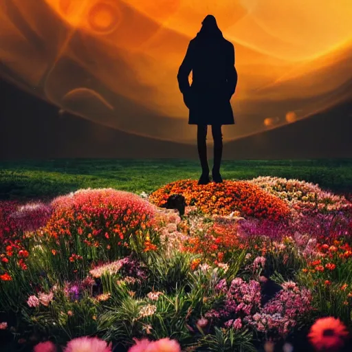 Image similar to A picture of a planet of various flowers, fungus and plants, in which the human figure is dressed in something magical and impressive, inside the picture is infinity, sunset light, Atmospheric phenomenon, artistic photography, muted colors, conceptual