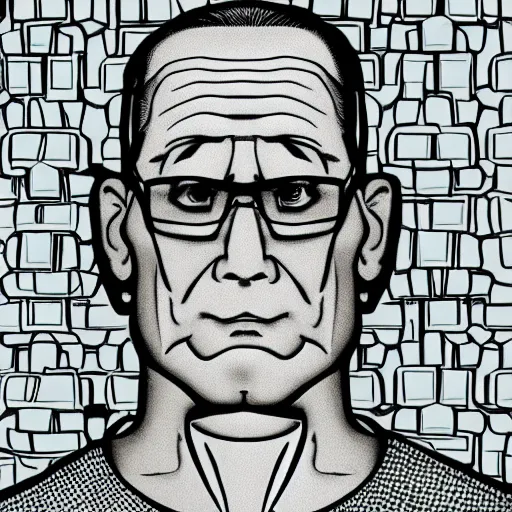 Image similar to Hank Hill, by Escher, portrait black and white, background DMT colors, drawing
