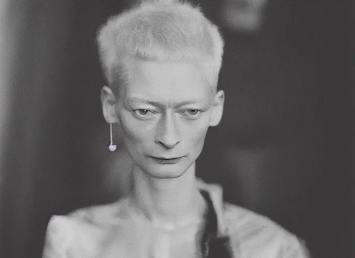 Image similar to professional fine detailed photo portrait of young tilda swinton from makhachkala, dagestan. kid tilda swinton in the postsoviet suburbia, iphone photo, instagram, black and white - - cfg _ scale 7