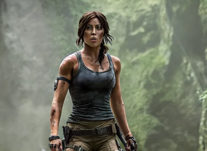 Image similar to film still of!!!! chloe bennett!!! as lara croft in new tomb raider movie, 8 k