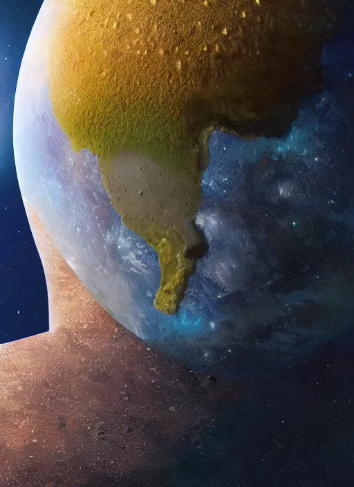 Prompt: portrait of the earth with a face eating the pluto alive on space, au naturel, hyper detailed, digital art, trending in artstation, cinematic lighting, studio quality, smooth render, unreal engine 5 rendered, octane rendered, art style by klimt and nixeu and ian sprigger and wlop and krenz cushart.