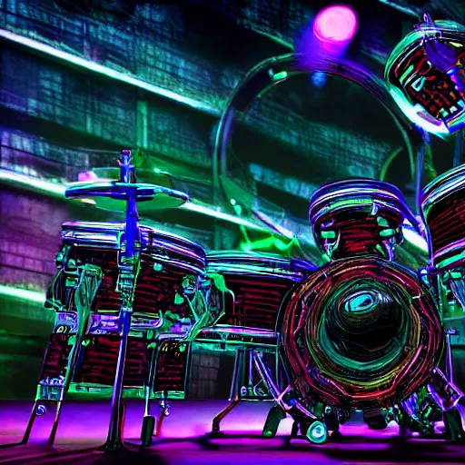 Image similar to photo of huge robotic drumset on a concert tage, the drumset is futuristic steampunk style with gears and tubes, 8 k, fluorescent colors, halluzinogenic, multicolored, exaggerated detailed, unreal engine - w 7 6 8