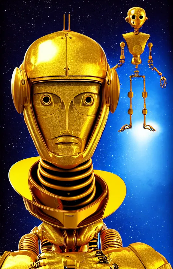 Image similar to portrait of a robot humanoid alien with golden armature and medieval helmet. Galactic iridescent background in the style of Tim white and moebius