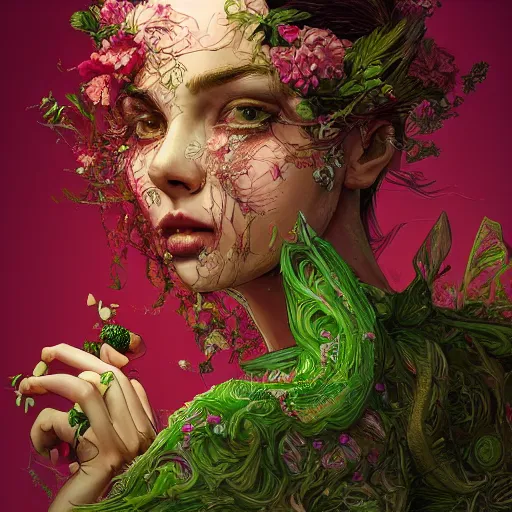 Image similar to the portrait of an absurdly beautiful, graceful, elegant, shy young woman made of strawberries and green petals, an ultrafine hyperdetailed illustration by kim jung gi, irakli nadar, intricate linework, bright colors, octopath traveler, final fantasy, angular, unreal engine 5 highly rendered, global illumination, radiant light, detailed and intricate environment