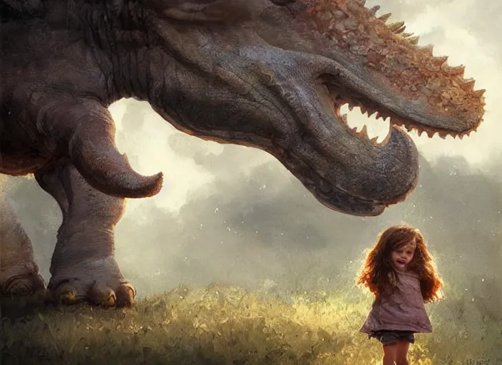 Image similar to a cute little girl with wavy curly brown hair meets a triceratops. beautiful painting by greg rutkowski