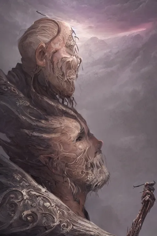 Prompt: profile view, a necromancer with a staff casts a spell that reveals the secret of life the universe and everything, dirty linen robes, staff of bones, grizzled bearded withered man by jessica rossier and hr giger