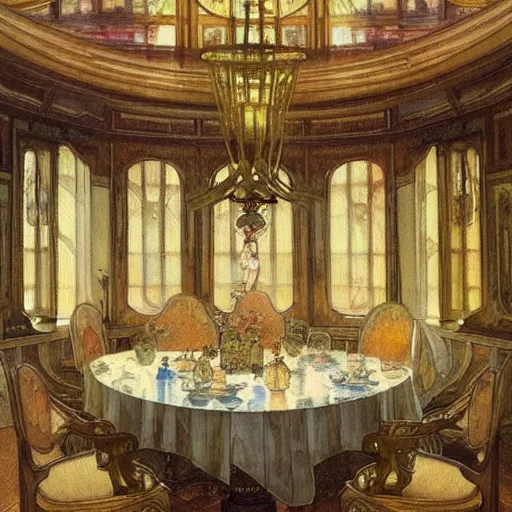 Prompt: a beautifull intricate watercolour painting of a dining room, reflexions, verry high details by william turner art, greg rutkowski and alphonse mucha, trending on artstation, very very detailed, masterpiece, muted colors