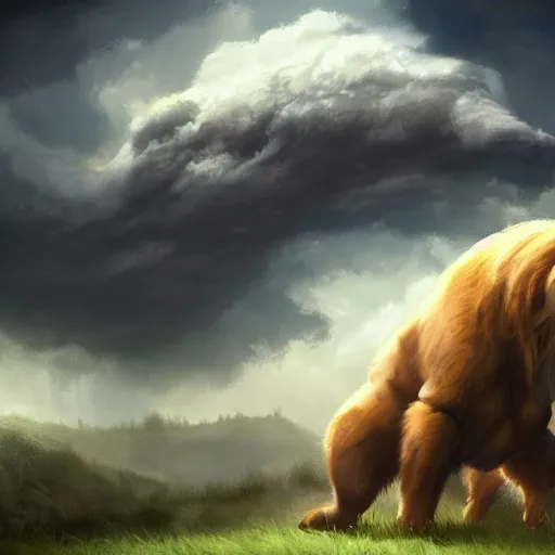 Prompt: a four - legged behemoth of such size that it seems to touch the clouds, artstation