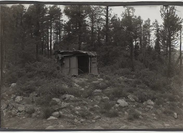 Image similar to Photograph of a miner's wooden shack among dry bushes and boulders in a pine forest, albumen silver print, Smithsonian American Art Museum