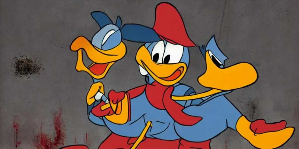 Image similar to donald duck holding a bloody knife, in the style of silent hill