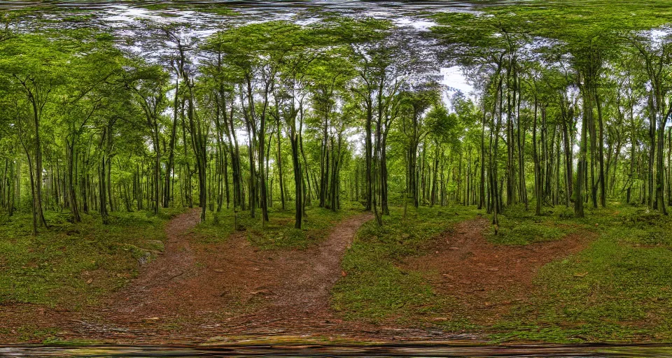 Image similar to A panoramic 360 landscape photo of beautiful forest pathway scenery. PROMPT, XF IQ4, 150MP, 50mm, f/1.4, ISO 200, 1/160s, natural light, Adobe Photoshop, Adobe Lightroom, DxO Photolab, Corel PaintShop Pro, rule of thirds, symmetrical balance, depth layering, polarizing filter, Sense of Depth, AI enhanced