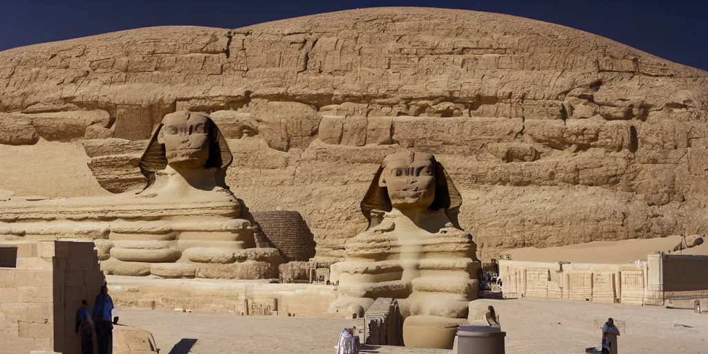 Image similar to a predator head on the great sphinx, wide angle establishing shot,