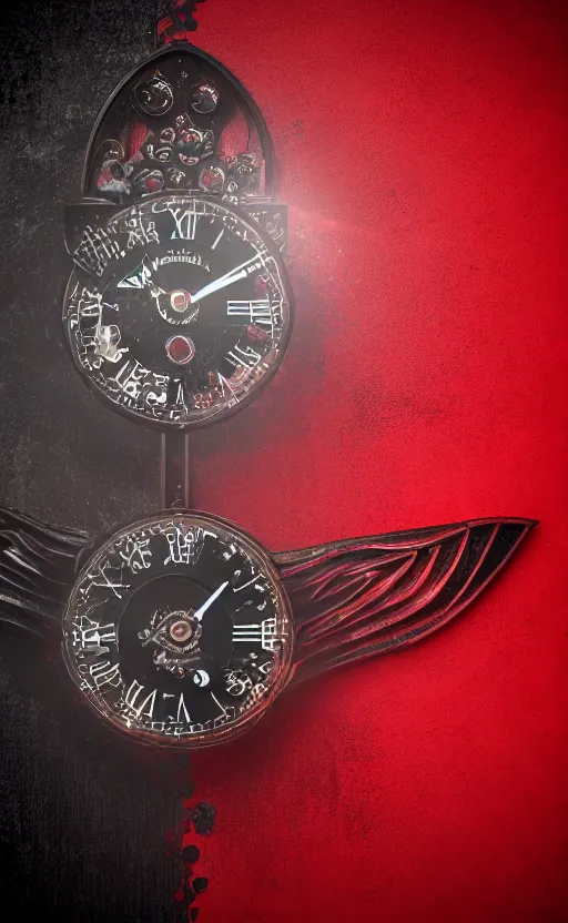 Image similar to a melting Roman numeral clock, behind a red and black gradient background, awith a black heart shaped on the top left corner and a black diamond card shape in the bottom right corner, dynamic lighting, photorealistic fantasy concept art, trending on art station, stunning visuals, cinematic, creative, ultra detailed