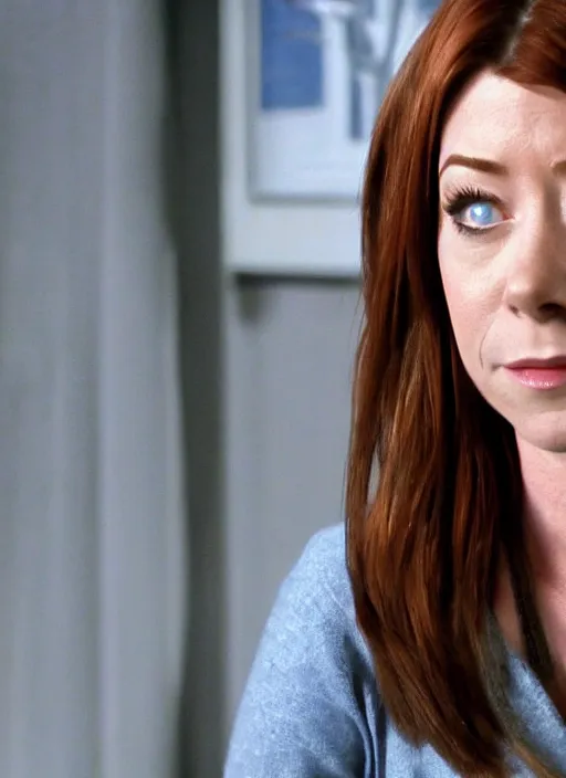 Prompt: Alyson Hannigan with Accurate correct facial features in an episode of How I Met Your Mother, movie Still, cinematic, high-detail, 4k,