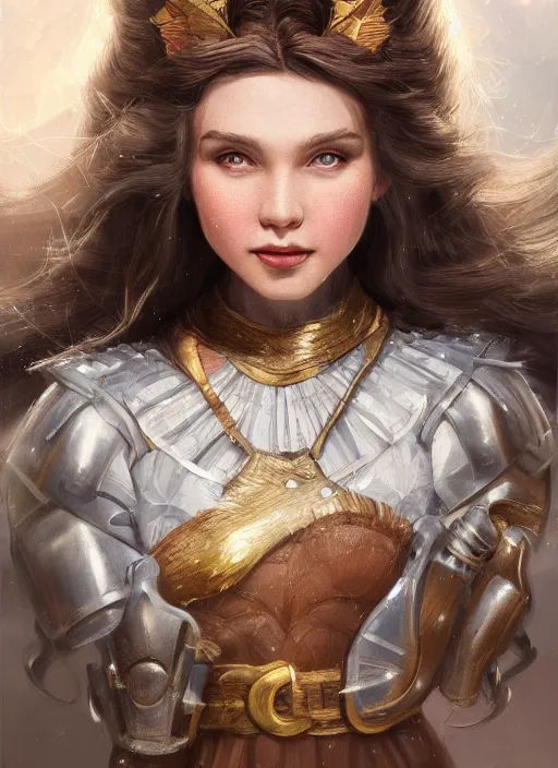 Image similar to three quarters portrait of a beautiful female Dorothy gale, full body, armor, super powers, fantasy, intricate, elegant, highly detailed, digital painting, artstation, concept art, shining, sharp focus, illustration, art by stanley lau