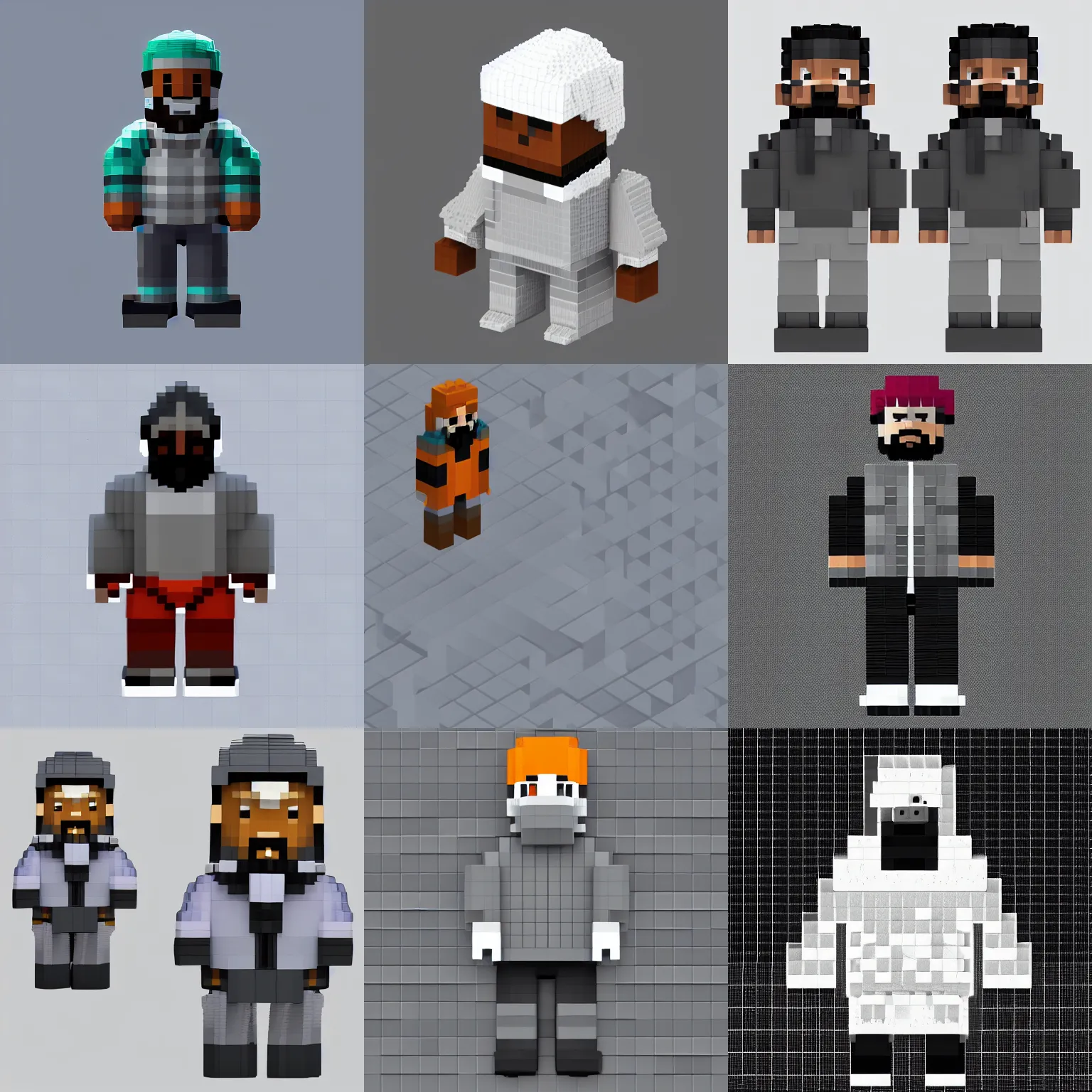 Prompt: a fullbody voxel isometric sprite of a 🧔🏿 wearing a gray do rag and a black winter puffer coat, assets, urban music studio, 8 bit,