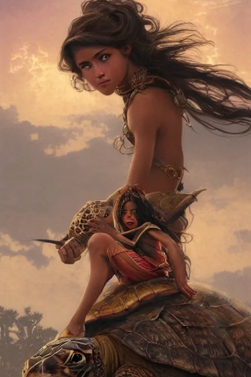 Image similar to a little warrior girl sitting on top of a giant turtle that is walking in the desert, seen from a distance. the girl is fully visible and has dark skin and beautiful green eyes, realistic full body and a very beautiful detailed face with long black hair. diffuse light, dramatic sky and landscape, fantasy illustration by mucha