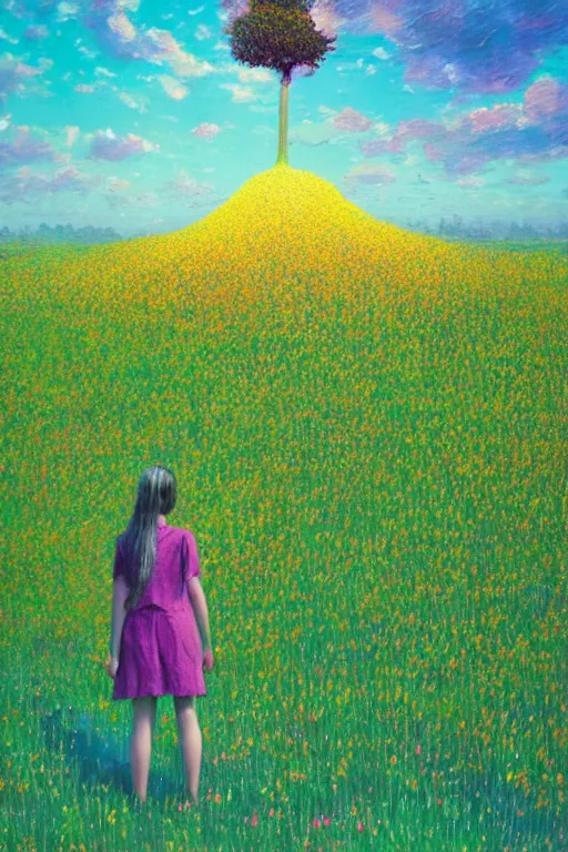 Image similar to giant flower face, girl standing in flower field, surreal photography, big trees, sunrise dramatic light, impressionist painting, colorful clouds, digital painting, pointillism, artstation, simon stalenhag