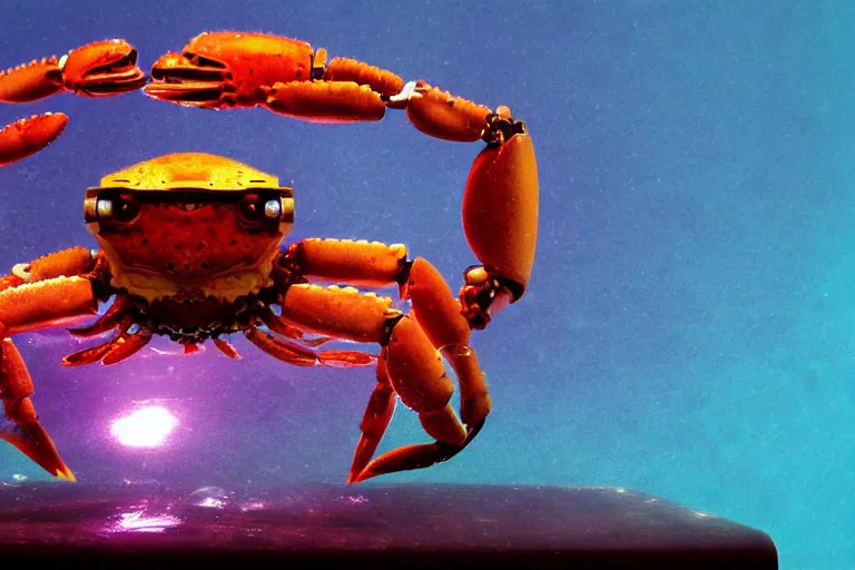 Image similar to robot cute cyborg - crab underwater, in 2 0 1 2, bathed in the the glow of a crt television, crabcore, low - light photograph, photography by tyler mitchell